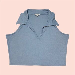 Earthbound Blue Rib Knit Collared Sleeveless Crop Top